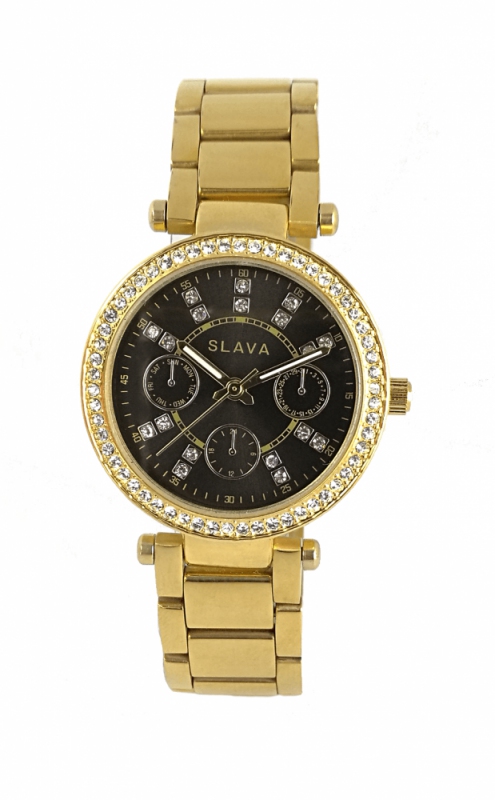 Levně Dámské černo-zlaté hodinky SLAVA vykládané kamínky Swarovski SLAVA 10018